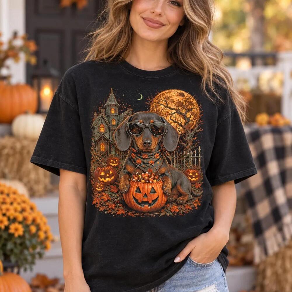 Dachshund Halloween S Shirt, Retro Fall Dog Lover Tee, Cute